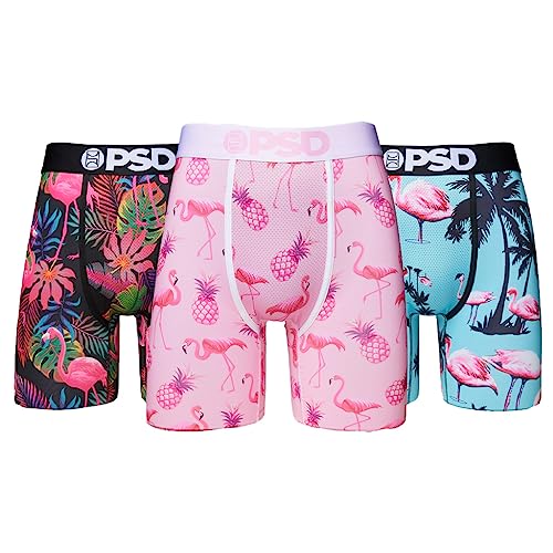 PSD Mens Boxer Briefs - Flamingo Jungle 3-Pack, Standard Length Underwear Pack, Breathable Moisture Wicking Boxer Briefs for Men, Medium