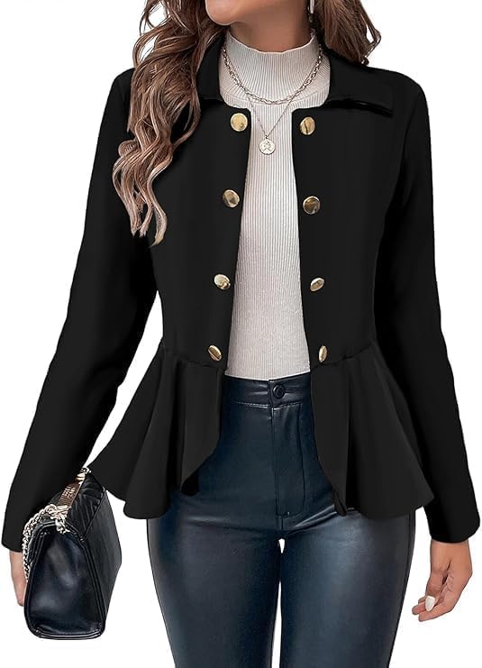 Cicy Bell Elegant Women Blazer Business Work Office Peplum Hem Jacket Open Front Herringbone Coats Black