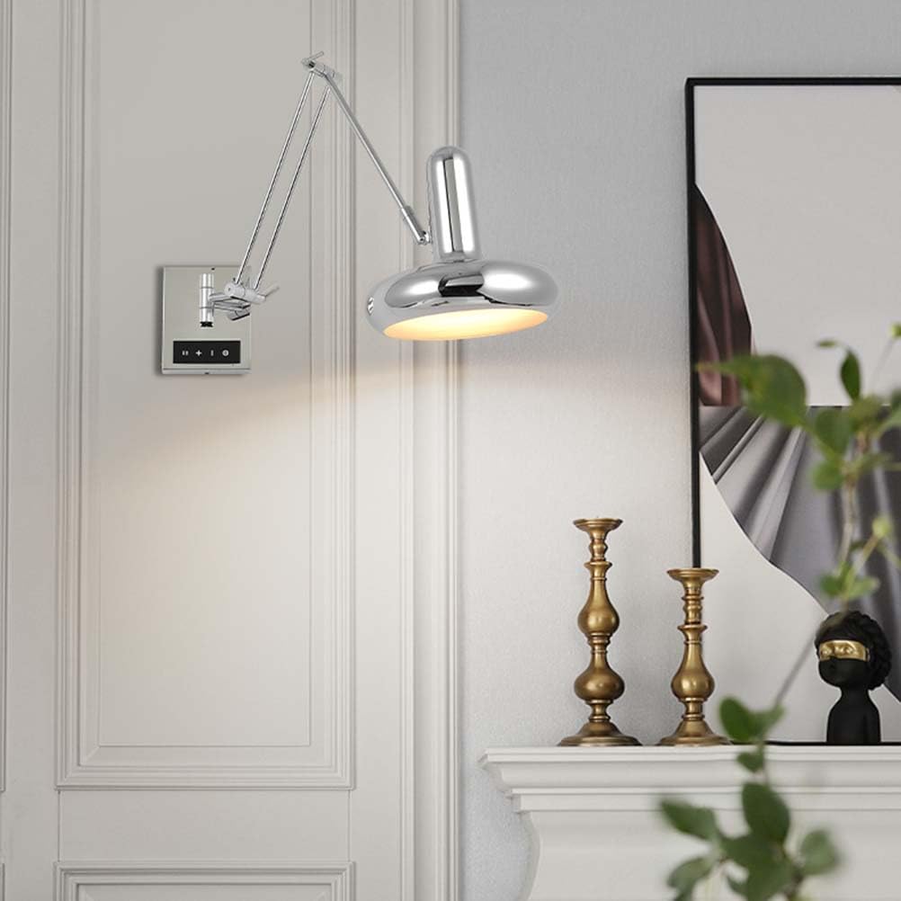 AoLa Chrom Wandleuchte Innen Schwenkarm Wandlampe mit Schalter Touch Dimmbar Langer Arm Leselampe Verstellbar Vintage Industrial Nachttischlampe Ausziehbar E27 Retro Wandbeleuchtung,Chrome