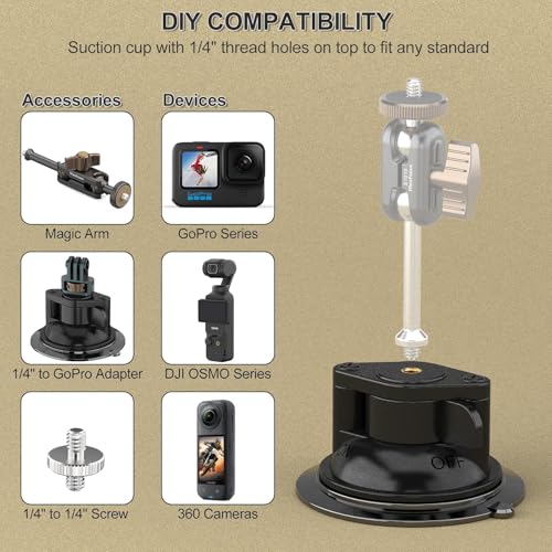 Image of Heavy Duty Suction Mount for Camera, 85mm Vacuum Suction Cup with 1 /4 inch Thread, GoPro Adapter & 1 /4 inch Screw for Action Camera, DJI Osmo, 360 Camera, Car Windshield & Glass - Black
