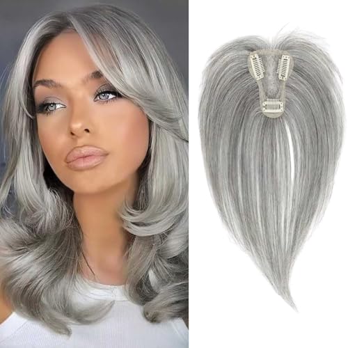 RUNRAYAY Pelucas de 25 cm para mujer, cobertura 3D de 360°, con flequillo, flequillo con clip para uso diario, color gris