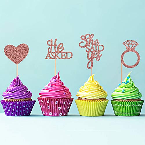 Ercadio 48 Pack He Asked She Said Yes Cupcake Toppers Rose Gold Glitter Heart Ring Cupcake Picks Wedding Engagement Bridal Shower Party Cake Decorations Supplies #TOP4