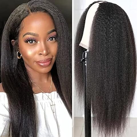 V Part Wig Human Hair Kinky Straight Yaki Wig 18 Inch Yaki Straight Human Hair Wigs for Black Women beginners Natural Black Color Can be Dyed Cover