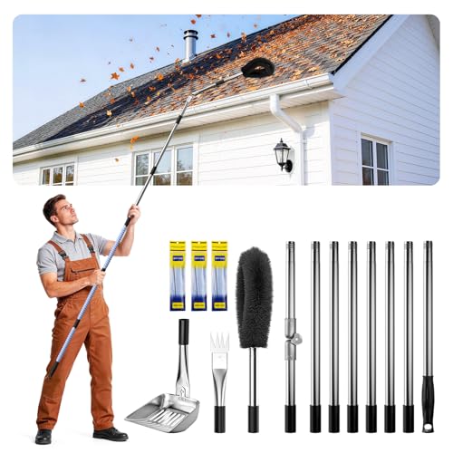 12 FT Gutter Cleaning Tools for Outdoor - Gutter Cleaner Pole with Shovel & Brush for Roof Rain Gutters Cleans Leaves Branches & Debris - No Ladder Needed (Black)