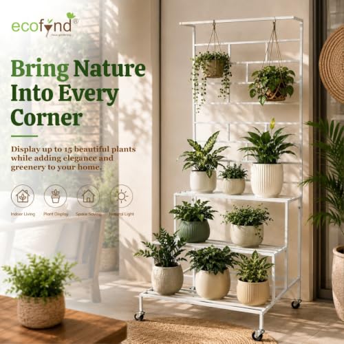 Image of ecofynd Eden Plant Stand with Wheels for Outdoor Balcony, Flower Stand for Indoor Plants, Large Metal Planter Stand for Living Room, Home Decor, Indoor & Outdoor Plants, 4 Tier (PS058-WHT-WHEL)