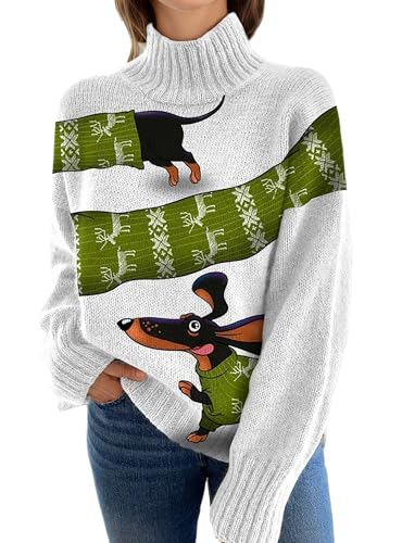 Womens Christmas Cute Sweater Turtleneck Long Sleeve Loose Chunky Graphic Knit Sweaters Casual Pullover Jumper Tops