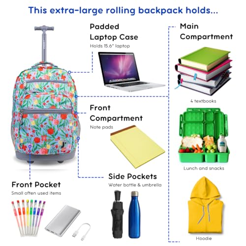Image of J World Sundance Laptop Rolling Backpack for Girls Boys. Roller Bookbag with Wheels, 20 Inch, Flora