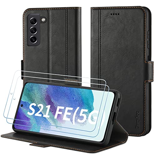 LUCMO Funda para Samsung Galaxy S21 FE con 2 protectores de pantalla de cristal blindado, de piel sintética con tarjetero, plegable, con función atril, color negro Cover