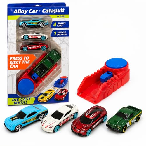 Image of PLUSPOINT Diecast Toy Cars with Catapult Launcher, 4 Pack Alloy Mini Sports Cars Set, Press & Eject Racing Track Toy, Kids Car Toys for Boys & Girls Ages 3+, Gift Playset