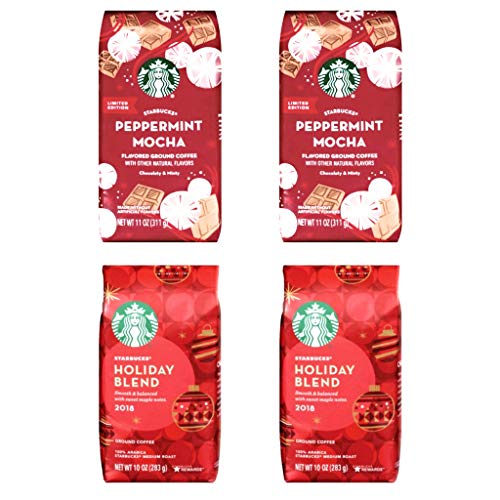 Starbucks Peppermint Mocha & Holiday Blend Ground Coffee Variety Pack - 4 Bags Total - 2 Bags (11 oz) of Peppermint Mocha and 2 Bags (10 oz) of Starbucks Holiday Blend - 42 oz Total - Limited Editions
