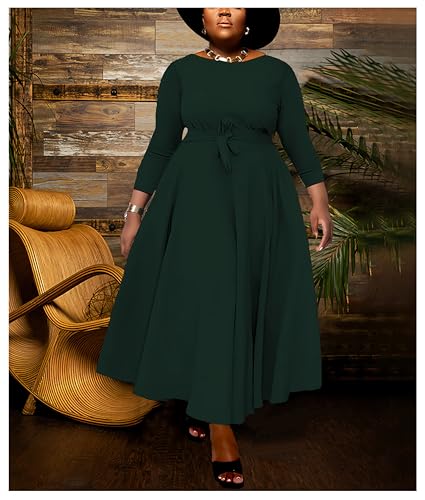 Image of Hostoyo Women Plus Size Formal A Line Maxi Dress Self Tie Waist with Pockets Elegant Round Neck Swing Long Dresses