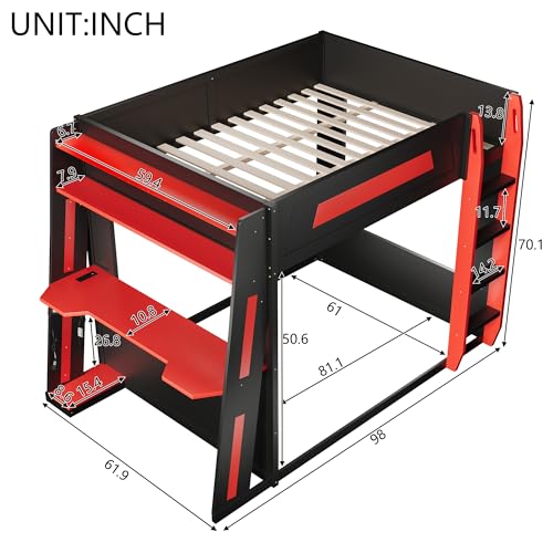 Image of GDFStudio Queen Over Queen Bunk Bed Frame with Desk, USB and LED Light, Solid Wood Gaming Bunk Bed Queen Size with Storage Shelves, High Loft Bed Queen Size with Under Entertainment Space, Black+Red