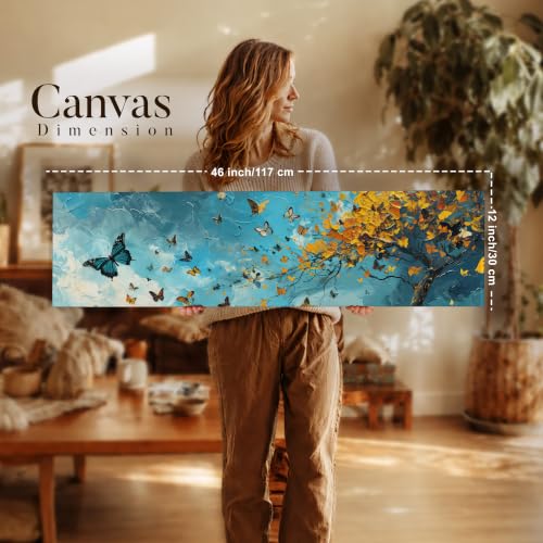 Image of Large Stretched Canvas Painting, Panel Wall Painting Blue and Yellow Butterfly Tree Luxury Paintings for Home Decoration, Living room, Bedroom and Office Decor (Blue, 12x46 Inch)