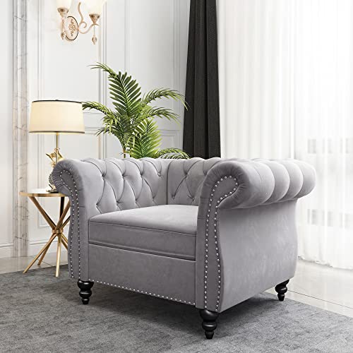 Image of 2 Piece Living Room Set, Velvet Chesterfield Sofa Loveseat Couch Chair with Scroll Arms and Nailhead for Living Room, Office (Grey)