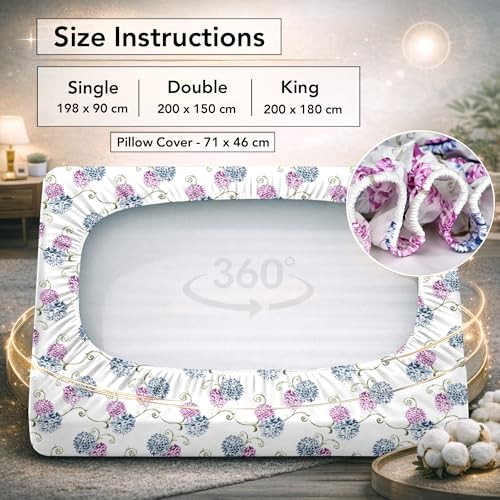 Image of Divine Casa King Size Fitted Bedsheet with 2 Pillow Covers (200 x 180 CM) | 100% Cotton King Size Bed Sheet | Elastic Bedsheet King Size with All Around Grip | Mattress Sheet 200x180