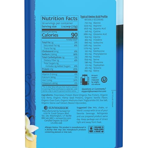 Image of Sunwarrior Vegan Protein Powder Organic Plant-Based Protein | BCAA Amino Acids Hemp Seed Plant Protein | Soy Free Dairy Free Gluten Free Synthetic Free Non-GMO | Vanilla 30 Servings | Warrior Blend