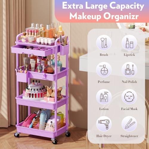 Image of SUNALLY Makeup Cart Organizer with Drawer,4 Tier Rolling Makeup Cart,Purple