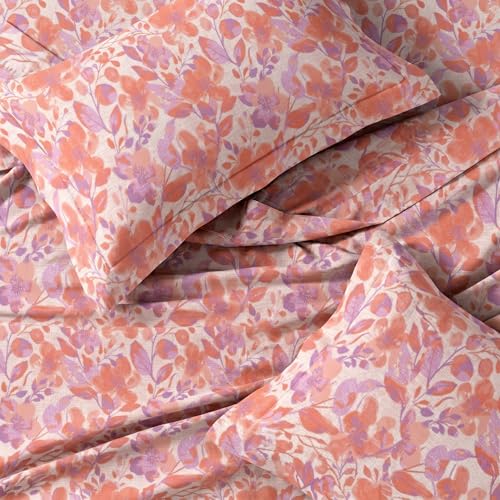 Image of LANE LINEN Symphony | 100% Cotton Sheet Set | Soft & Breathable Fabric | 3 Piece (1 Bedsheet + 2 Pillow Covers) | Super King Bed Sheet Set - Coral & Lavender Painted Leaf