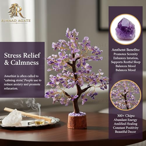 Image of Amethyst Crystal Tree with 300 Healing Chips | 11 Inch Vastu Feng Shui Wealth Tree for Home Decor, Positive Energy, Meditation & Reiki | Lucky Gemstone Bonsai Gift for Prosperity & Stress Relief