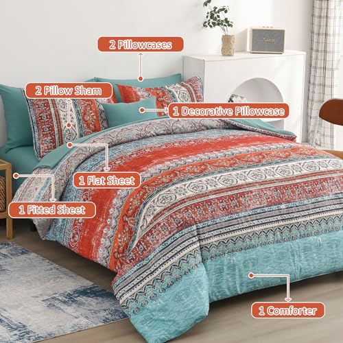 Image of Cottolester Boho Full Comforter Set 8 Pieces, Terracotta Comforter Bohemian Striped Bed in A Bag,Soft Microfiber Bedding Set for All Seasons