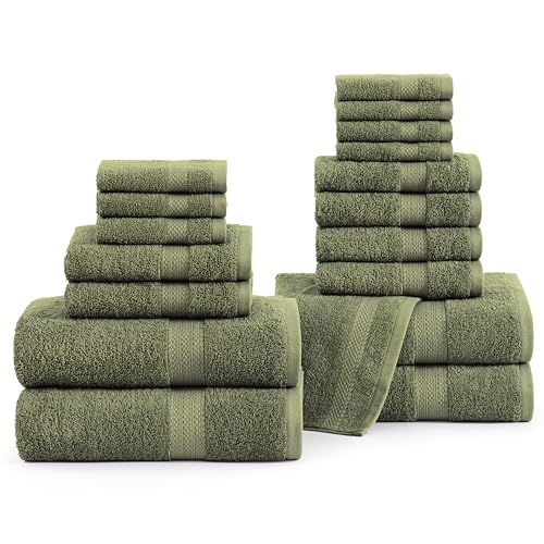 Image of LANE LINEN 100% Cotton Bath Towel Set of 18 - Softer, High Absorbency & Durable - 4 Bath, 8 Wash Cloth, 6 Hand Towels for Bathroom - Premium Look, Spa Quality, Solid Dyed Towels - Oil Green