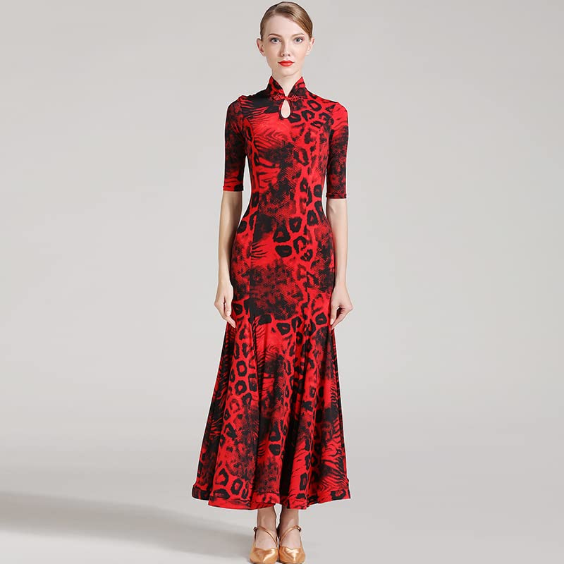 HEARTTOUCH Women Ballroom Dance Dress Latin Modern Waltz Tango Dresses Professional Competition Performance Dance Costume (B Red,Large)