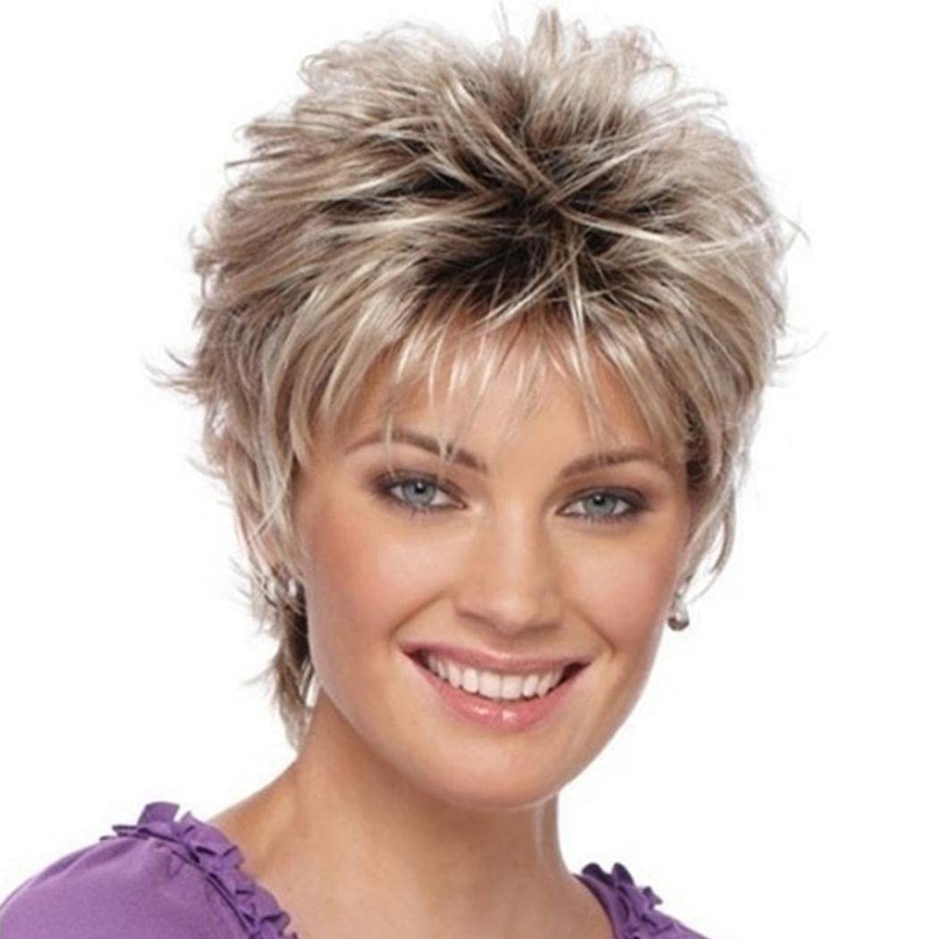 Pelucas cortas de corte pixie para mujer, pelucas de pelo completo sintético natural en capas para mujer, pelucas Ombre de cosplay de uso diario (Marrón Mezcla Gris)