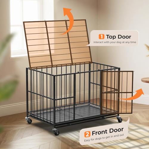 Heavy-Duty-Indestructible-Dog-Crate-Steel-Escape-Proof-Indoor-Double-Doors-and-Lockable-WheelsRemovable-Tray-for-Extra-Large-Dog-Breeds-Pet-Playpen