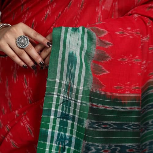 Image of ODISHAHANDLOOM Sambalpuri Pure Cotton Handloom Saree, Traditional Ikat Pattern, Red and Green, Without Blouse