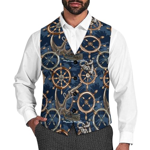 Ship Helm And Anchors-Theme Novelty Men's Suit Vest Casual Formal Dress Vests Business Waistcoat