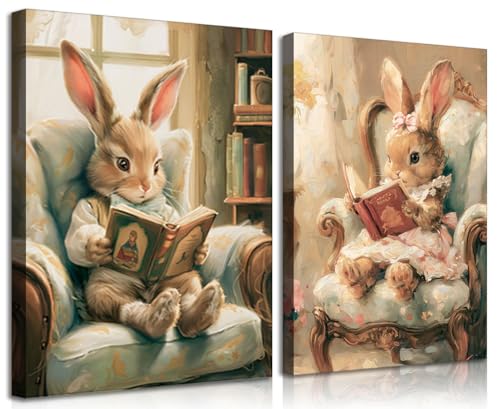 Image of Vintage Bunny Canvas Wall Art Antique Rabbit Paintings Pictures Decor Nursery Kids Room Posters Prints for Home Living Room Bedroom College Dorm Home Decoration Framed