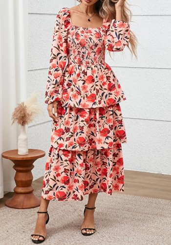BTFBM Fall Dresses for Women 2025 Floral Long Sleeve Smocked Square Neck Casual Ruffle Tiered Flowy Wedding Guest Dress4
