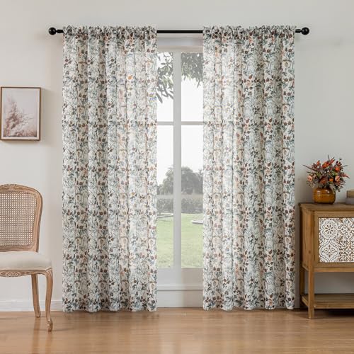 Image of SUOUO Vintage Black Dark Floral Semi Sheer Curtains 84 Inches 2 Panels | Linen Textured,Light Filtering,Wild‑Berry Botanical,Rustic Farmhouse,Rod Pocket Drapes for Living Room Bedroom Dining Room