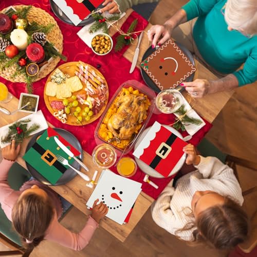 100 Christmas Napkins, Christmas Cocktail Napkins, Xmas Snowman Gingerbread Man Elf & Santa Party Napkins for Holiday Decorations Table Décor Party Supplies – Image 8