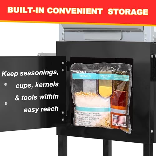 Image of Popcorn Machine with Cart & Wheels - Popcorn Popper with 10OZ Stainless Steel Kettle, Pop corn Machine Maker for Home, Parties, Movie Theater, Black