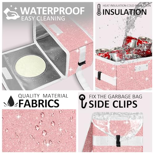 Image of Cute Mini Car Trash Bag with Lid, Glitter Garbage Can Bin Hanging for Back /Front Seat /Console, Waterproof, Leakproof, 2.5 Gallon, Pink Bling Sparkly