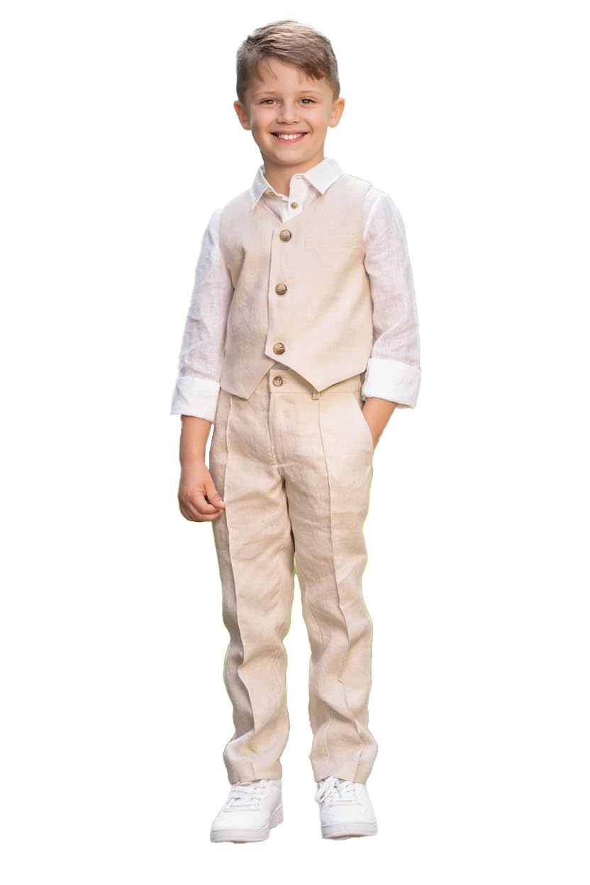 Completo da smoking per ragazzi, 2 pezzi, in lino, con pantaloni lunghi, per adolescenti, ragazzi, bambini, matrimoni, estate
