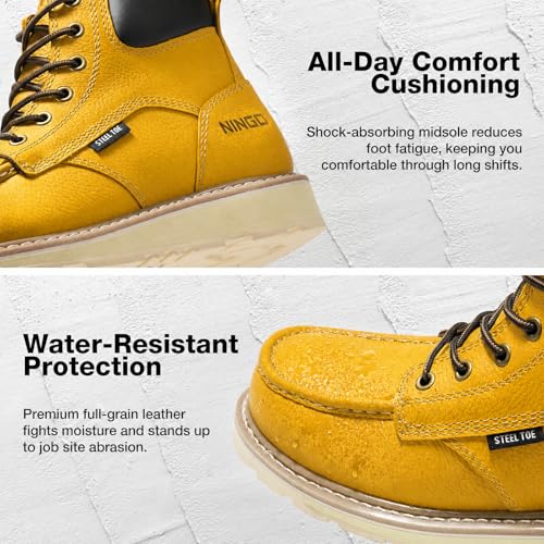 Image of NINGO Steel Toe Boots Work for Men, Non Slip Safety Moc Toe Boot with Water Resistant Full Grain Leather, EH Rated, Oil Resistant, Comfortable Work Shoes for Construction, Industrial, Yellow 15.5