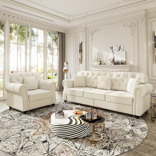 Image of KEIKI 2-Piece Chesterfield Sofa Set with 1 Velvet 3-Seater Sofa & 1 Single Sofa, Upholstered 4-Seater Couch Set with Nailhead Trim & Rolled Arms & 1 Ottoman & 4 Pillow, for Living Room, White