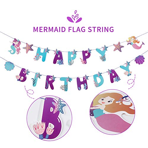 Image of SUNBEAUTY Mermaid Happy Birthday Banner Little Mermaid Theme Birthday Decorations for Girls Ocean Theme Party Supplies for Baby Shower | Pre-Strung