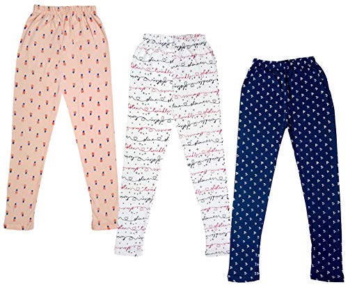 Image of IndiWeaves Girls Cotton Printed Leggings Slim Fit Cotton Stretchable Leggings [Pack of 3] Peach, White1, Navy Blue