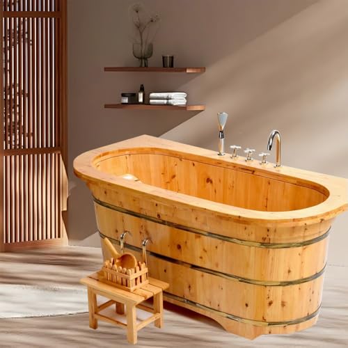 Naturholz-Badewanne mit Wasserhahn-Set – freistehende Badewanne für Erwachsene und Kinder, Outdoor-Bank und Wasserschaufel inklusive, familienfreundliches Design – Bild 8
