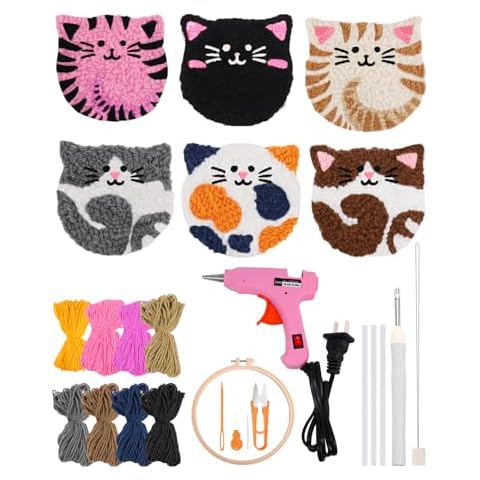 AceList 6 Pcs Punch Needle Kit with Cat Pattern, Easy Punch Needle kit for Beginners and Adults, DIY Punch Needle Coaster Kit with Tools Tufting Cloth Hoop Yarns Hot Melt Glue Gun - Art Craft Gift Cover
