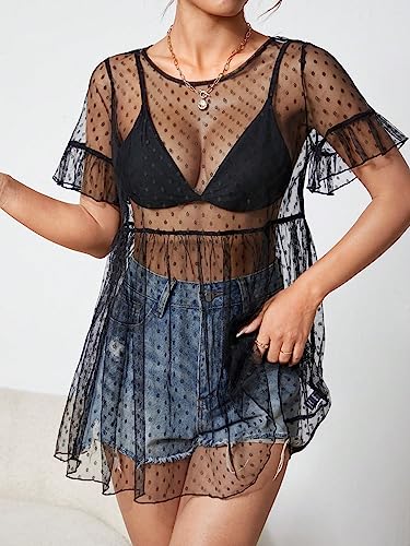 WDIRARA Women's Polka Dots Sheer Mesh Mini Dress Short Sleeve Ruffle Hem Flared Dresses4