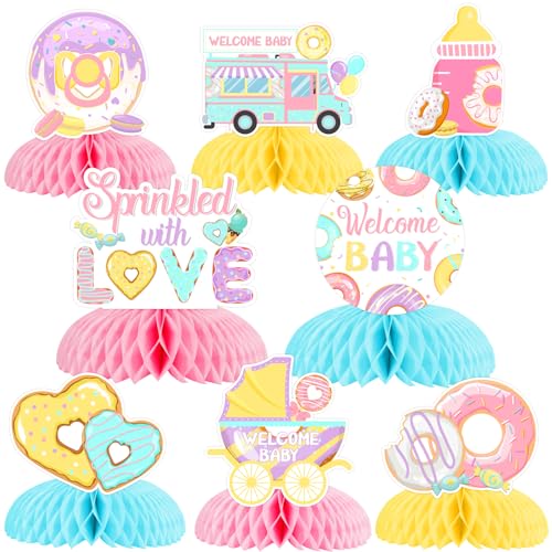 JOYMEMO 8 Pieces Donut Baby Shower Honeycomb Centerpieces - Sprinkle with Love Welcome Baby Party Table Decorations, Doughnut Theme Baby Shower Table Topper Signs for Girls