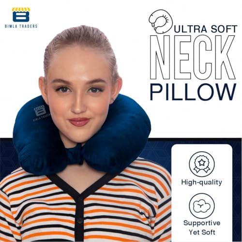 Image of CRAE Soft Fibre Filled Neck Pillow for Car, Train, Flight Travel, Neck Support Rest Pillow with Attachable Snap Strap | Pack of 1 | Blue