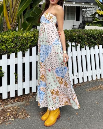 Image of Women Floral Print Maxi Tube Dress Strapless Flowy Long Bandeau Dress Y2K Open Back Sundress Summer Beachwear