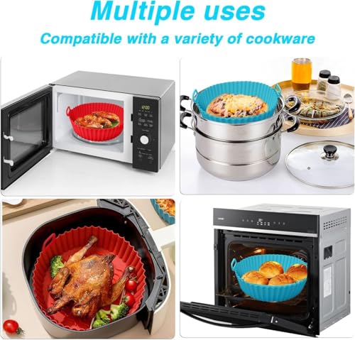 Image of Air Fryer Liners I Round Silicone Basket Baking Tray I Pot with Ear Handles I Nonstick Reusable Heat Resistant I Cooking Oven Insert Accessories - Multicolor (8 inch, Pack of 2)