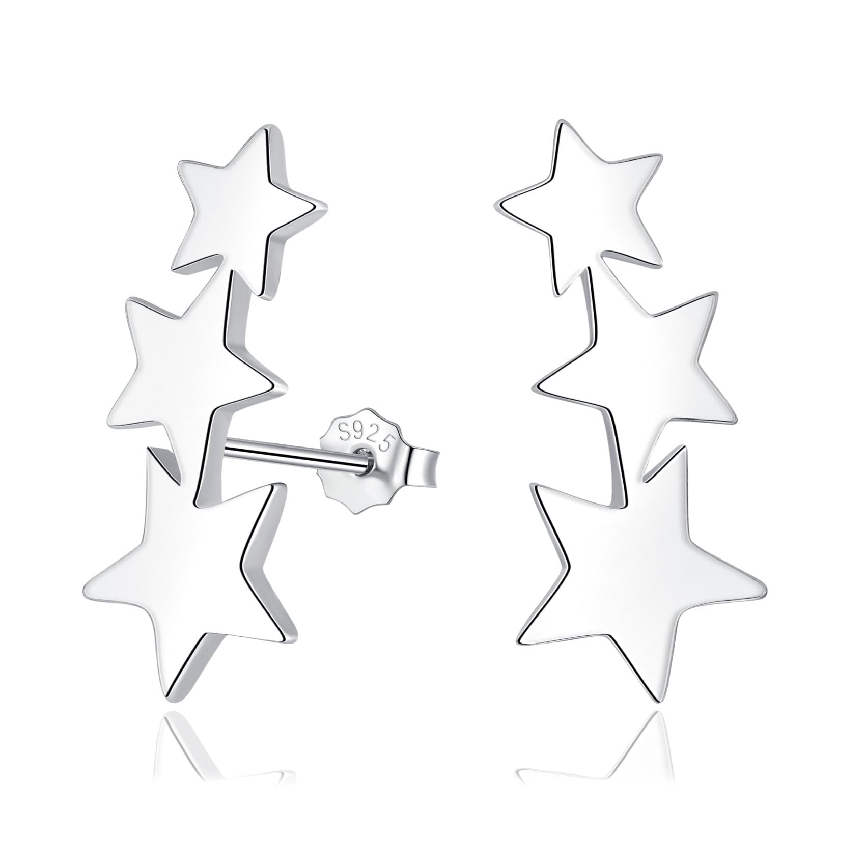 Sterling Silver Triple Star Stud Earrings for Women, Tiny Starburst Climbers, Cartilage Sleeper Flat Crawler Earrings for Girls