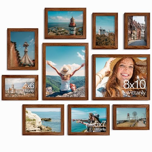 Image of Vittanly Picture Frames Set of 10, Picture Frames Collage Wall Decor with Two 8x10, Four 5x7, and Four 4x6 Photo Frames, Gallery Wall Frame Set for Wall or Tabletop Display, Walnut Brown